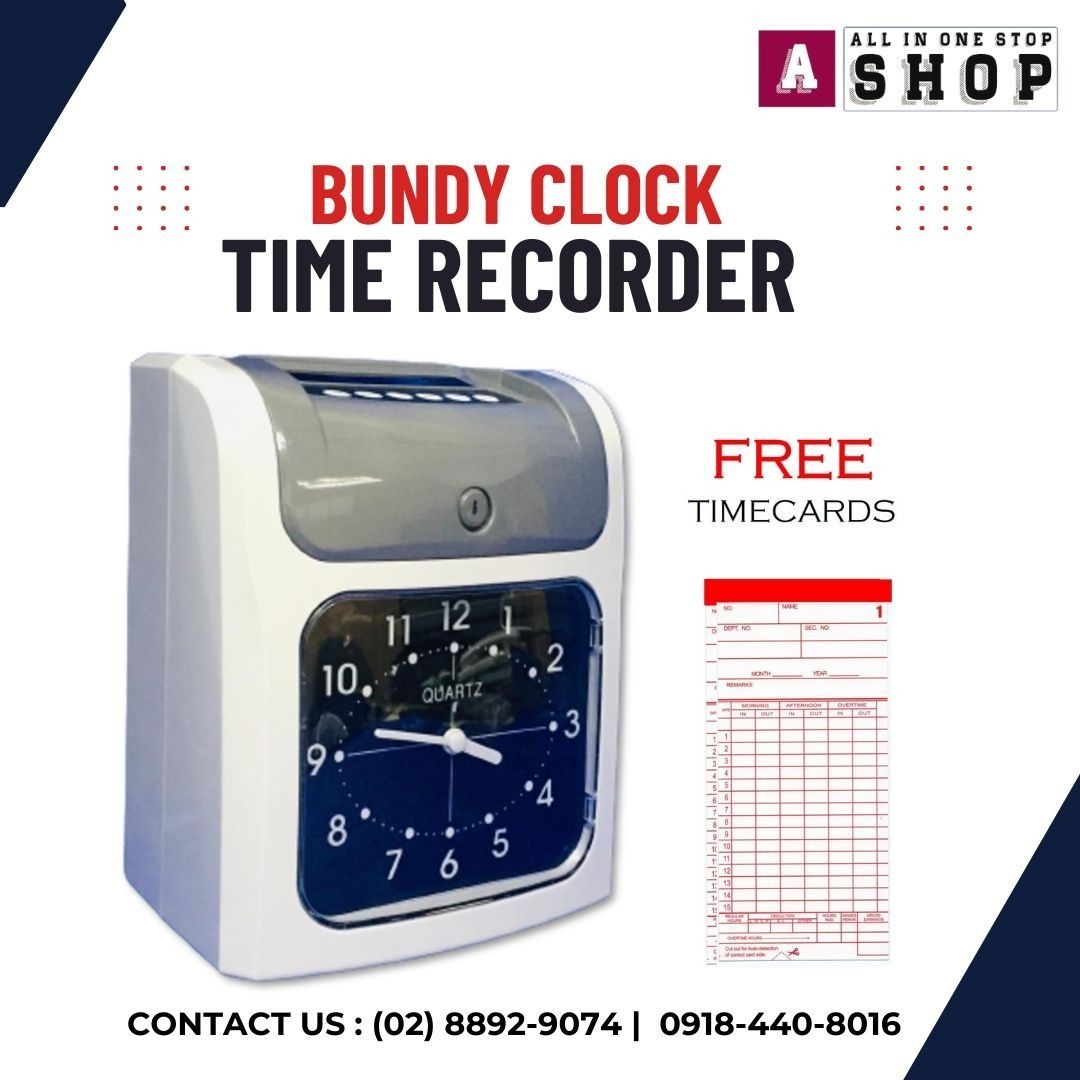 Bundy Clock Time Recorder (Category: Office & Business Technology) located in Makati City. Submitted by one-shop.mkt (Listing ID 1462083737, Image 3). Description: S-960P : Infinite Time Recorder Analog Clock Display | 24H Format Only Capacity: 100 Employees | 6 Column Entries 2-Color Printing (Red & Black) Programmable Alarm | Automatic Card Feed/Release Free: 100 pcs C9000+ Timecard Warranty: 7 Days carry in .