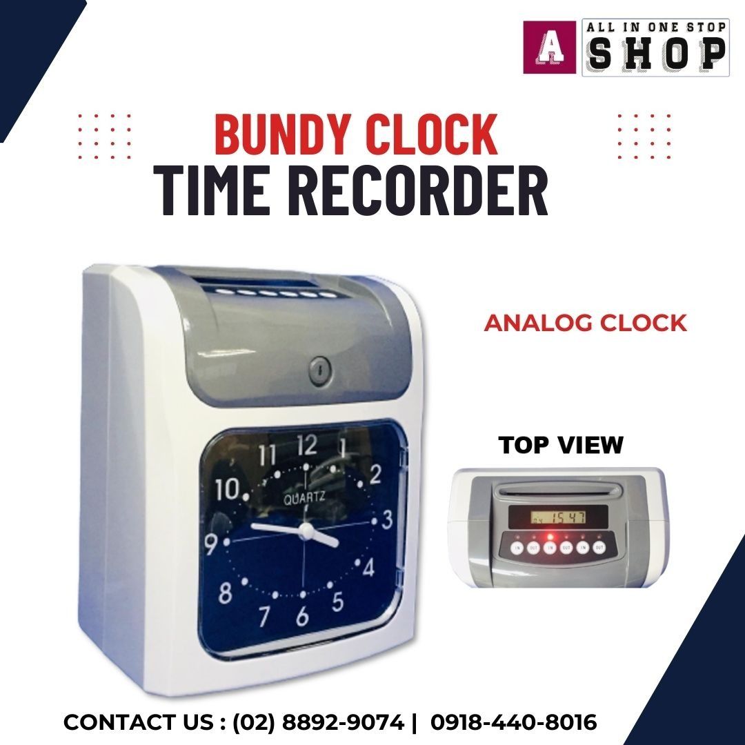 Bundy Clock Time Recorder (Category: Office & Business Technology) located in Makati City. Submitted by one-shop.mkt (Listing ID 1462083737, Image 2). Description: S-960P : Infinite Time Recorder Analog Clock Display | 24H Format Only Capacity: 100 Employees | 6 Column Entries 2-Color Printing (Red & Black) Programmable Alarm | Automatic Card Feed/Release Free: 100 pcs C9000+ Timecard Warranty: 7 Days carry in .