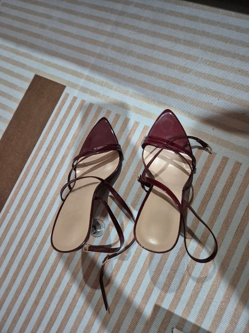 Burgundy Glossy Pointed Toe Ankle Strap Heels (Category: Heels) located in Makati City. Submitted by amara78 (Listing ID 1462077576, Image 2). Description: FOR SALE: Burgundy Glossy Heels 👠🍷 Selling my burgundy glossy heels, used only once! • Color: Burgundy / Wine • Style: Pointed toe with strappy design • Details: Ankle straps + clear block heel • Includes: Original box • Bought from: SHEIN app • Condition: Used once / in good condition • Sel