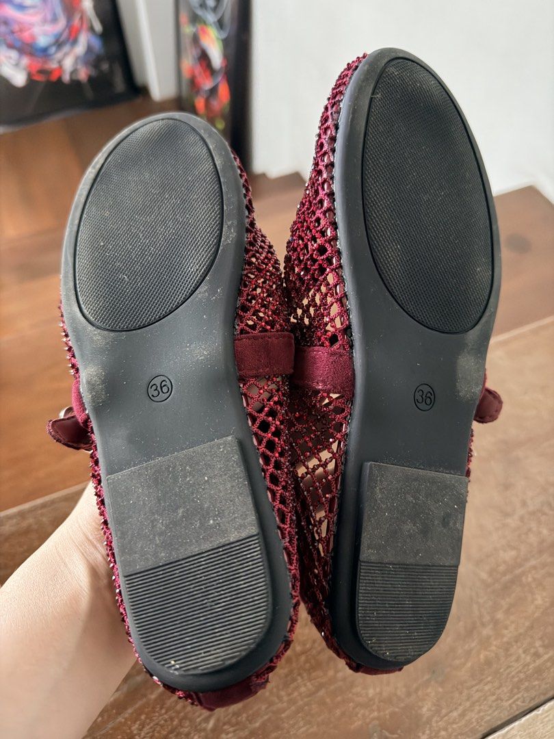 Burgundy Mesh Embellished Flats (Category: Flats & Sandals) located in Marikina City. Submitted by teacher.maria (Listing ID 1462061721, Image 2). Description: - Color: Burgundy - Style: Mesh Flats - Features: Sparkly embellishments, strap with buckle closure - Size: 36 - Occasion: Great for dressing up.
