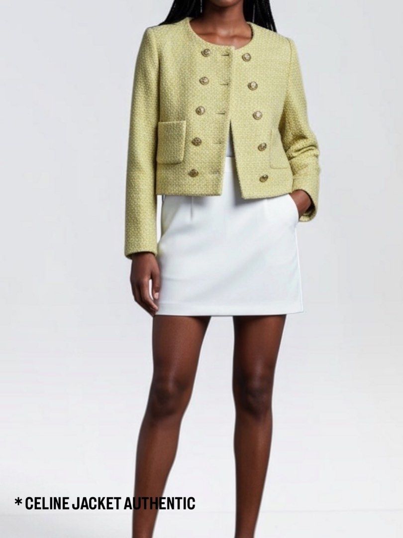 Celine Yellow Wool Tweed Double-Breasted Jacket AUTHENTIC (Category: Coats, Jackets and Outerwear) located in Dasmarinas. Submitted by goldengem_e4eb01 (Listing ID 1462184075, Image 3). Description: CEL.INE.AUHTENTIC.YELLOW TWEED DOUBLE-BREASTED JACKET.WORN BY LISA OF BLACKPINK.CUT TAG BUT WITH FULL WASH TAG.GOLD HARDWARE WITH WEIGHT.SIZE 36 ON TAG.BEST FIT FOR S TO M.RETAIL FOR 200K+ ON E-SHOP SHOULDER - 14 TO 16 BUST - 38 LENGTH - 21 - Authenti