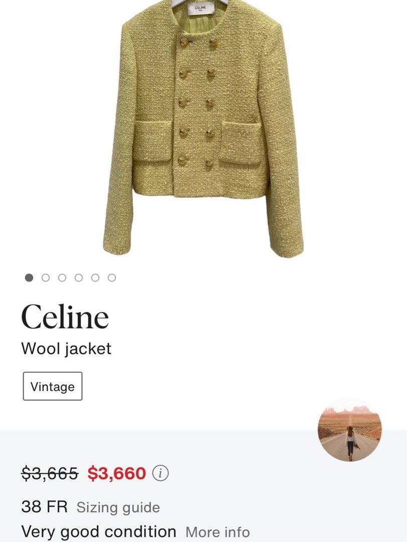 Celine Yellow Wool Tweed Double-Breasted Jacket AUTHENTIC (Category: Coats, Jackets and Outerwear) located in Dasmarinas. Submitted by goldengem_e4eb01 (Listing ID 1462184075, Image 2). Description: CEL.INE.AUHTENTIC.YELLOW TWEED DOUBLE-BREASTED JACKET.WORN BY LISA OF BLACKPINK.CUT TAG BUT WITH FULL WASH TAG.GOLD HARDWARE WITH WEIGHT.SIZE 36 ON TAG.BEST FIT FOR S TO M.RETAIL FOR 200K+ ON E-SHOP SHOULDER - 14 TO 16 BUST - 38 LENGTH - 21 - Authenti