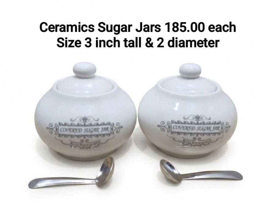 Ceramics Sugar Jars (Category: Other Kitchenware & Tableware) located in Binan City. Submitted by mayjhe (Listing ID 1462122843, Image 1). Description: 💛 For Sale 💛 🌸 Sugar Jars 🍀 Ceramic Jars 📍 Condition: Good 💰 Price is ₱ 185.00 each 👉 Other details posted 🇵🇭 Location Biñan Laguna 🛵 Courier J& T and Lalamove 📋 Shipping by schedule 📍 NO COD & COP 📌 All items are carefully packed and labeled with Fragile stickers for breakable goods.