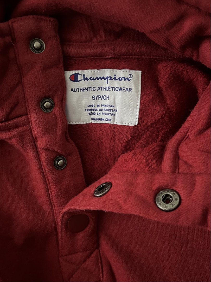 Champion Red Sweatshirt Small Snap Button Neck (Category: Longsleeves) located in Naga. Submitted by rmapprl (Listing ID 1462186352, Image 2). Description: - Champion sweatshirt in vibrant red - Size Small (S) on tag (fits 21x27) - Convenient snap button closure at the neck - Small flaw: requires restitching at the back (refer to last photo for detail).