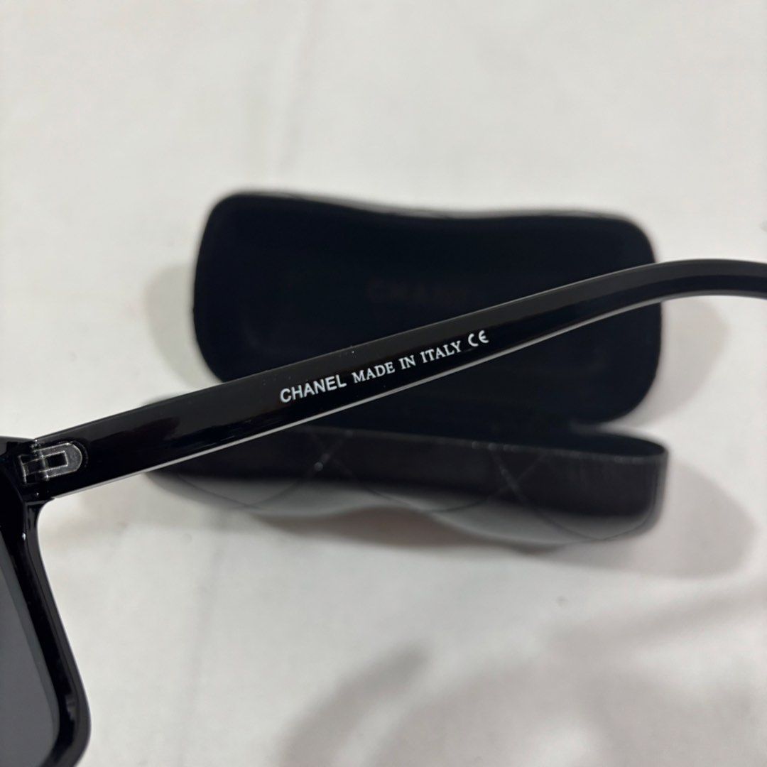 Chanel Black Square Sunglasses Gold CC Logo (Category: Sunglasses & Eyewear) located in Cavite. Submitted by itsayaaa (Listing ID 1462093242, Image 3). Description: Black acetate frames - Gold 'CHANEL' lettering on temples - Gold CC logo on the side - Made in Italy - Comes with original case Y2k.