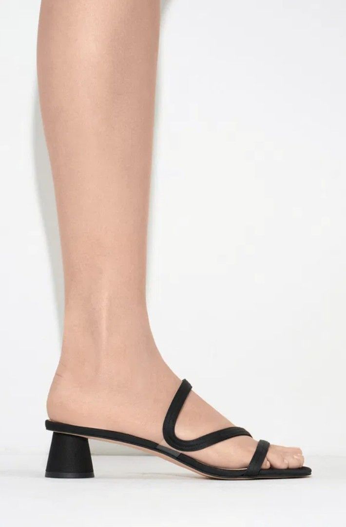 [Charles & Keith] Arden Satin Wavy Strap Mules (Size 37) (Category: Heels) located in Makati City. Submitted by skyioh (Listing ID 1455219939, Image 2). Description: No box / used once - Brand: Charles & Keith - Color: Black - Material: Satin with PU lining - Style: Strappy block heels - Size: 37 📌Location : Makati 📌Payment : Gcash 📌Shipping : on Buyer. You may book grab/lalamove etc.