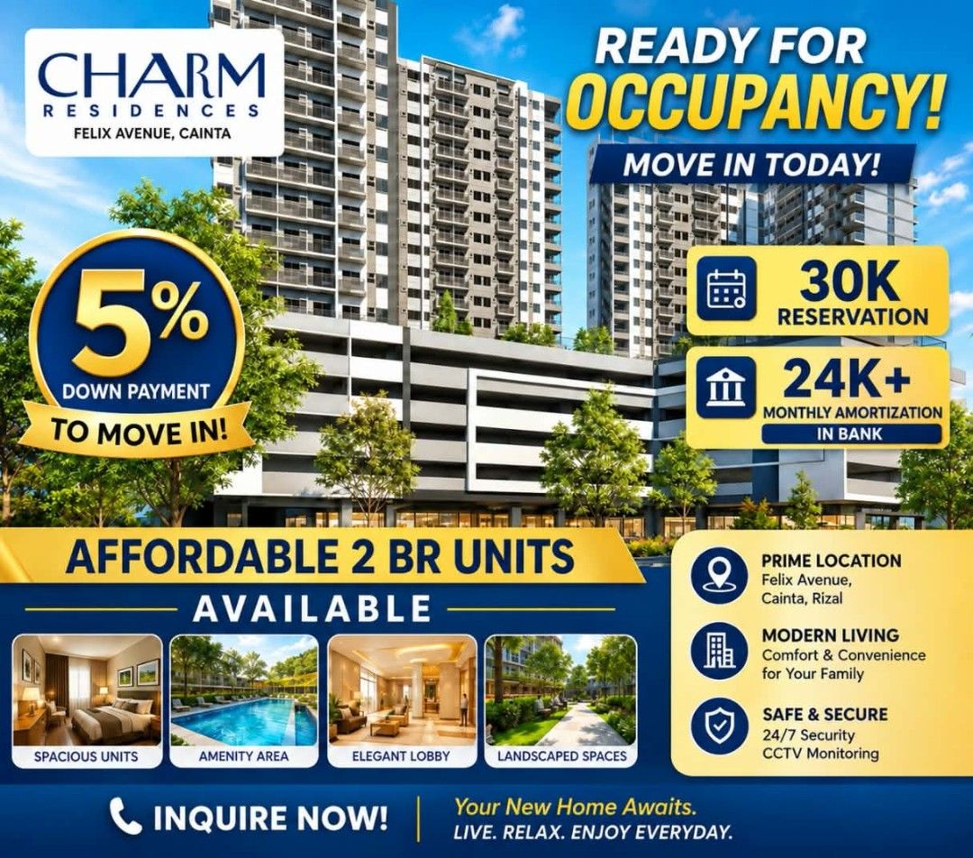Charm Residences - Cainta Rizal (Category: Apartments & Condos) located in San Pablo. Submitted by girlie-acedilloarevalo1987 (Listing ID 1462050802, Image 1). Description: 🌿 Charm Residences Mid Rise Condo (11 Floors) Felix Avenue, China Rizal walking distance at Robinson and Sta. Lucia Mall, Neart MRT 2 station and MRT4. DSHUD LTS No. Phase 1 #001648, Phase 2 #0001649, Phase 3#001650 💸30k to Reserve Up to 2 Million Discount for August 2026! 5