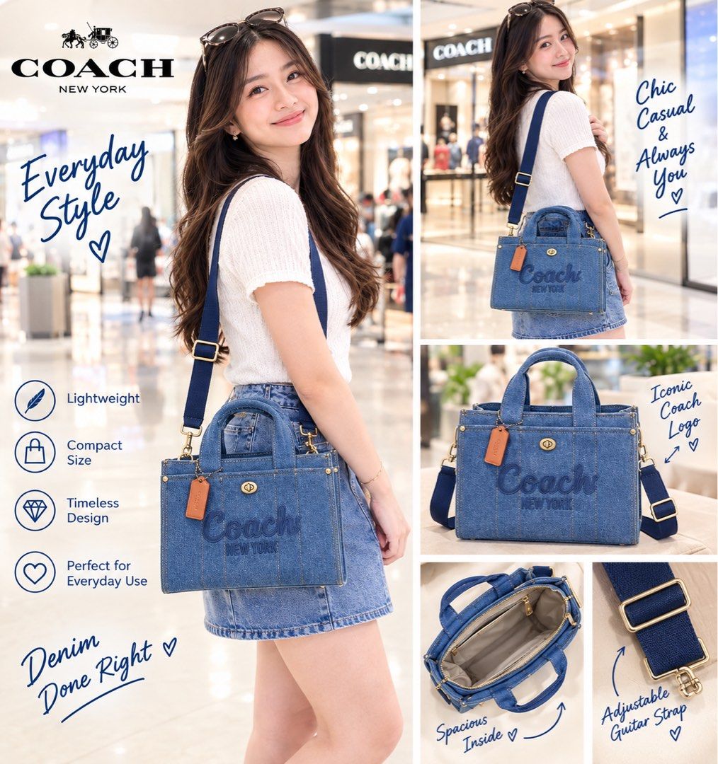 Coach Cargo Denim Tote Bag (Category: Luxury Bags & Wallets) located in Manila. Submitted by shopaholic_gurl (Listing ID 1460143107, Image 1). Description: - High Quality Coach denim tote bag -Medium size - Features iconic Coach New York logo - Versatile with top handle and detachable shoulder strap - Includes a small leather tag - Ideal for everyday errands and style -approximately measures 10.5 x 8 inches.