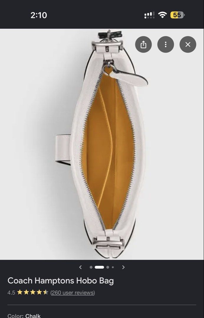 Coach Hampton Hobo Bag Chalk (Category: Luxury Bags & Wallets) located in Manila. Submitted by rjnar (Listing ID 1462133400, Image 2). Description: - Authentic Coach Hampton Hobo Bag - Color: Chalk - Material: Genuine Leather - Features: Main compartment, interior pockets - Hardware: Silver-tone details - Includes: Original dust bag - Style: Timeless and classic Coach design Like New condition - used only once.