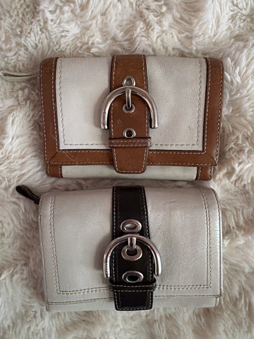 Coach Leather Wallets (2) - White/Brown and White/Black (Category: Wallets & Card holders) located in Dumalag. Submitted by pili.ph (Listing ID 1462076517, Image 1). Description: - Two authentic Coach wallets for sale. - Option 1: White with classic brown leather trim and silver buckle. - Option 2: White with sleek black leather trim and silver buckle. - Both wallets showcase the signature Coach buckle detail. - Ideal for keeping your essentials 