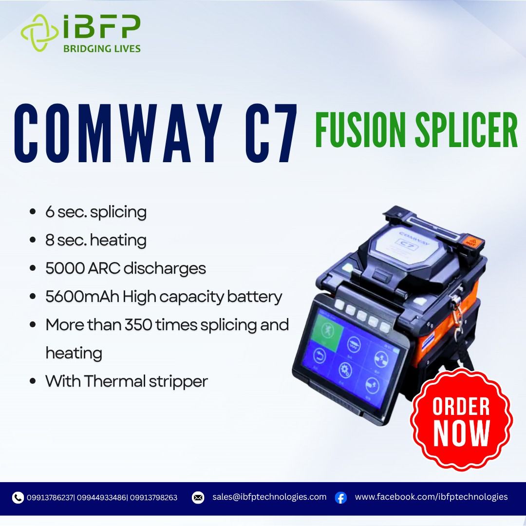 COMWAY C7 Fusion Splicing Machine (Category: Office & Business Technology) located in Caloocan City. Submitted by ibfptechnologies_08 (Listing ID 1462089448, Image 1). Description: - Economical Core Alignment Fusion Splicer - 6 sec splicing, 12 sec heating - Remote locker for anti-theft solution - 5000 ARC discharges - 5600mAh battery capacity - 350 cycles per battery charge - with thermal stripper.