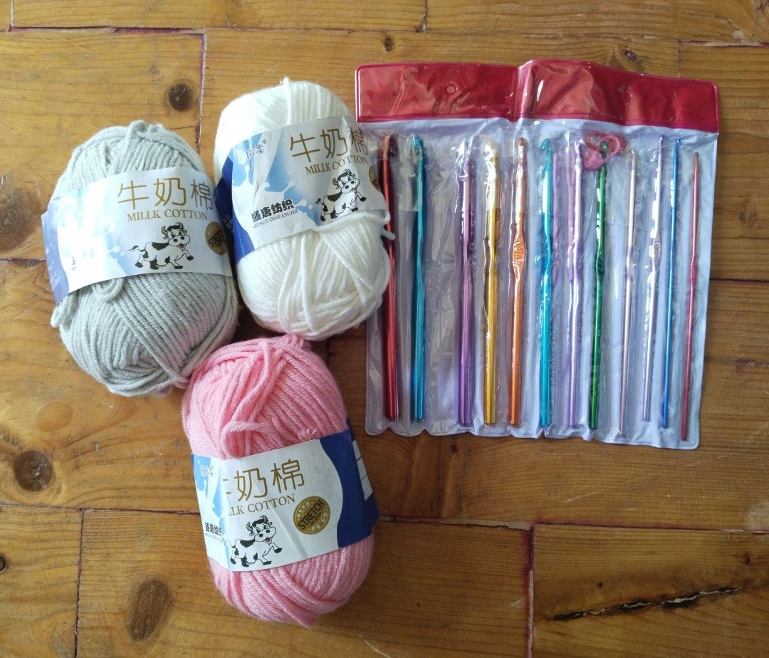 Crochet kit (Category: Craft Supplies & Tools) located in Bacoor. Submitted by aineww (Listing ID 1462059944, Image 1). Description: 3 yarns, hooks, 2 pins mop: payo, gcash mod: j&t only.