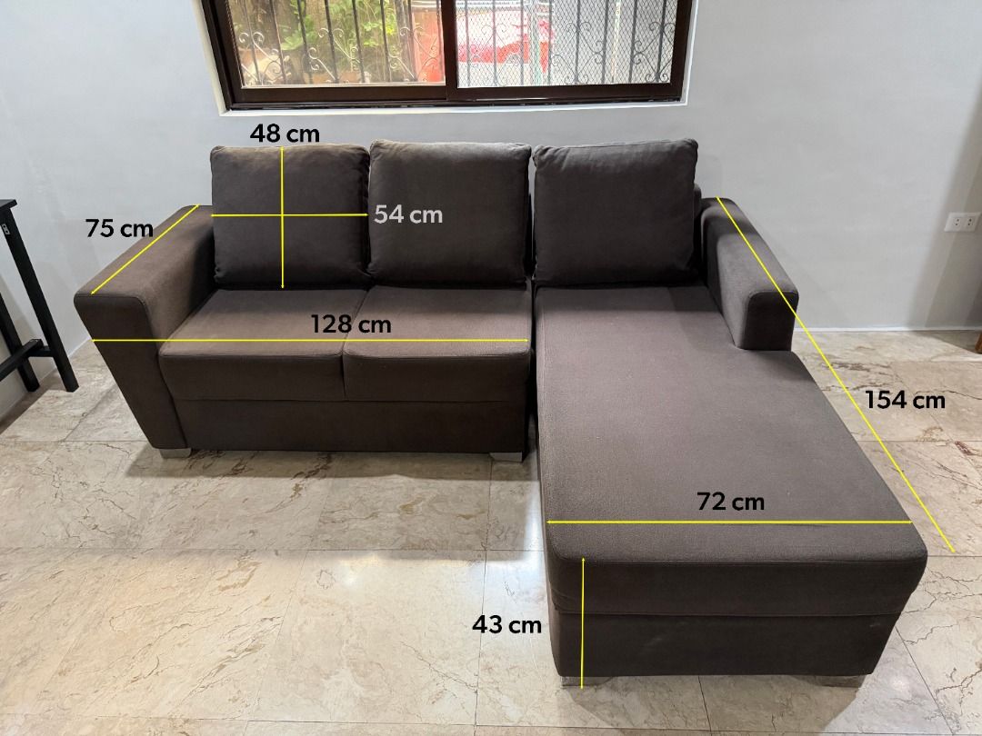 Dark Brown L-Shape Sectional Sofa Bed / Chaise Lounge - Great Condition (Category: Sofas) located in Makati City. Submitted by pinkytgo (Listing ID 1462039334, Image 1). Description: Selling a highly comfortable and space-saving L-shaped sectional couch with a right-facing chaise lounge. Perfect for cozy living rooms, condo units, or entertainment spaces! Color: Dark Brown / Espresso Brown Material: Premium, durable woven fabric upholstery with m