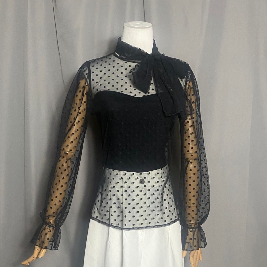 Dear Miss Black Polka Dot Sheer Mesh Top (Category: Longsleeves) located in Las Pinas. Submitted by ipickyou (Listing ID 1462182640, Image 1). Description: Unwashed Condition: 10/10 𝗠𝗲𝗮𝘀𝘂𝗿𝗲𝗺𝗲𝗻𝘁𝘀 𝘄𝗵𝗲𝗻 𝗹𝗮𝗶𝗱 𝗳𝗹𝗮𝘁: -Size M -Shoulder to shoulder: 13 1/2” -Armpit to armpit: 18” -Length: 23” .