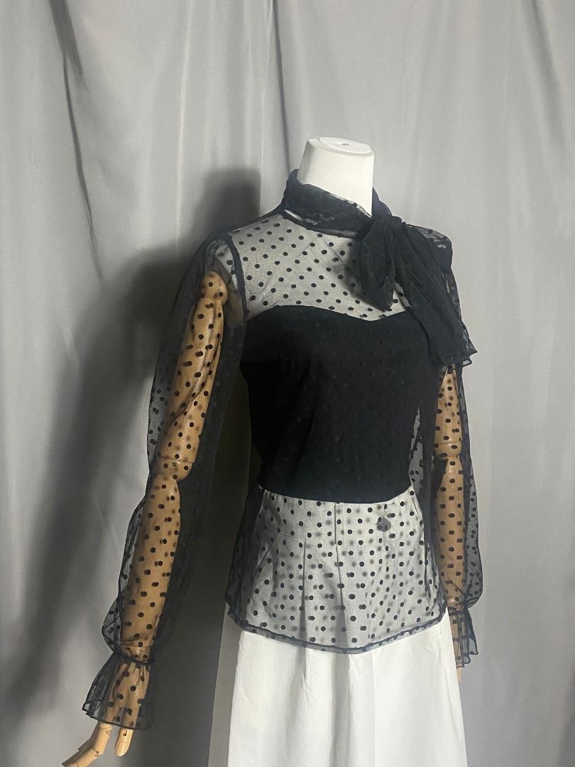 Dear Miss Black Polka Dot Sheer Mesh Top (Category: Longsleeves) located in Las Pinas. Submitted by ipickyou (Listing ID 1462182640, Image 2). Description: Unwashed Condition: 10/10 𝗠𝗲𝗮𝘀𝘂𝗿𝗲𝗺𝗲𝗻𝘁𝘀 𝘄𝗵𝗲𝗻 𝗹𝗮𝗶𝗱 𝗳𝗹𝗮𝘁: -Size M -Shoulder to shoulder: 13 1/2” -Armpit to armpit: 18” -Length: 23” .