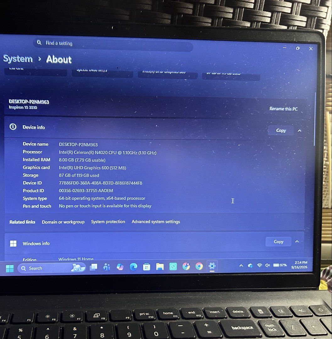 Dell Inspiron 15 3510 Laptop (Category: Laptops & Notebooks) located in Manila. Submitted by novb. (Listing ID 1462241682, Image 1). Description: Dell Inspiron 15 3510 (8GB RAM / 128GB SSD) - Perfect for Online Classes & Work! Price: ₱5,000 (Slightly Negotiable for Fast Buyers) Description: Looking for a smooth, reliable laptop for online classes, research, office work, or daily browsing without breaking the bank? Selling my Dell Inspiron 15 3510