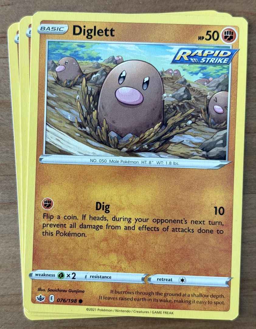 Diglett | Pokemon Cards ~ Chilling Reign (Category: Raw Singles) located in Makati City. Submitted by cardlab (Listing ID 1462079836, Image 1). Description: Items are 💯 authentic/original/legit. About The Card: •Language: EN • Number: 076/198 • Common • Normal FOR: • Cards ₱99 and below with Card Sleeves • Cards ₱100 and up with Card Sleeves and Used Toploader • ₱10 for Bnew Tops Packaging (If Shipping): ✔️ Plastic cover ✔️ Cardboard ✔️ Bubble w