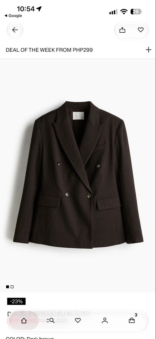 Double Breasted Blazer - Dark Brown (Category: Coats, Jackets and Outerwear) located in Angeles City. Submitted by adeclutters__ (Listing ID 1462092461, Image 1). Description: - Dark brown double-breasted blazer - Textured weave material - Two-button front closure - Two functional pockets - Versatile for dressing up or down Bought at 2990 Selling at 1500.