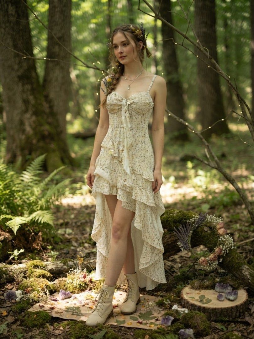 Dreamy whimsical Assymetrical dress (Category: Dresses) located in Cavite. Submitted by wishie_collects (Listing ID 1462236734, Image 2). Description: Brand New Size M Style & Design: It is a sweet, romantic, and whimsical mini-to-maxi high-low dress featuring a sweetheart neckline with a bustier-style bodice and a delicate front tie detail. Details: The dress is adorned with charming ruffled layers cascading down the front and features adjustabl