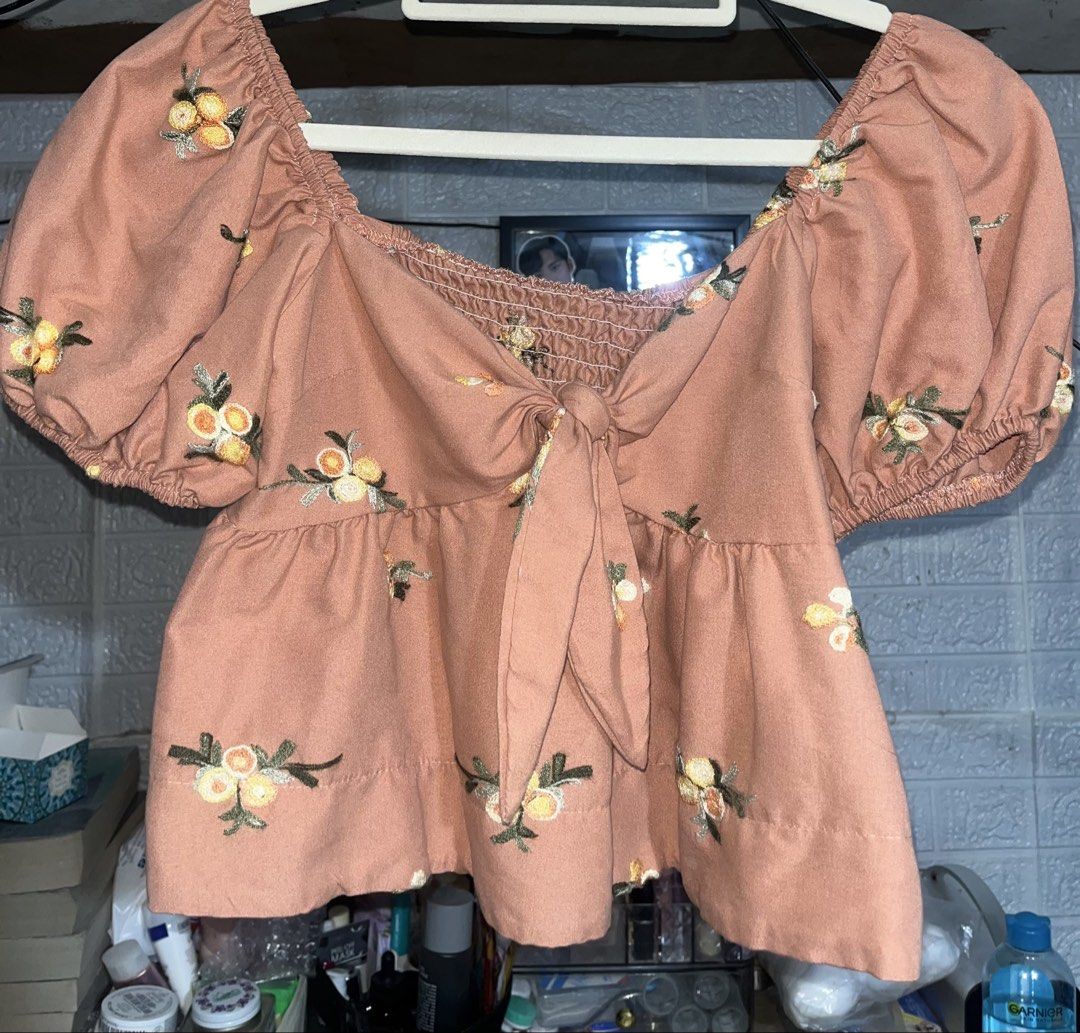 Embroidered Puff Sleeve Tie Front Top (Category: Blouses) located in Quezon City. Submitted by akikekoku (Listing ID 1462196770, Image 2). Description: - Cute top with puff sleeves. - Features all-over floral embroidery. - Stylish tie-front detail. - XS to S #CuteTop #PuffedSleeves.
