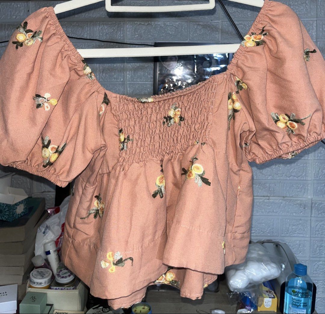 Embroidered Puff Sleeve Tie Front Top (Category: Blouses) located in Quezon City. Submitted by akikekoku (Listing ID 1462196770, Image 3). Description: - Cute top with puff sleeves. - Features all-over floral embroidery. - Stylish tie-front detail. - XS to S #CuteTop #PuffedSleeves.