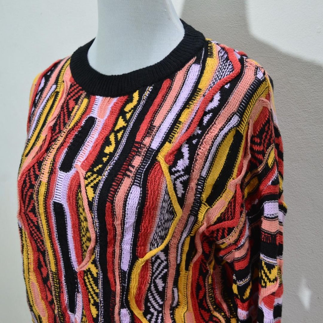 Forever 21 Colorful Knit Sweater Preloved (Category: Coats, Jackets and Outerwear) located in Polomolok. Submitted by lastthrift (Listing ID 1462201133, Image 3). Description: - Forever 21 knit sweater - Bold, colorful geometric pattern - Long sleeves and crew neck - Black trim on neckline, cuffs, and hem - Versatile: pairs well with jeans or skirts - A fun statement piece for your wardrobe - 19"x18".