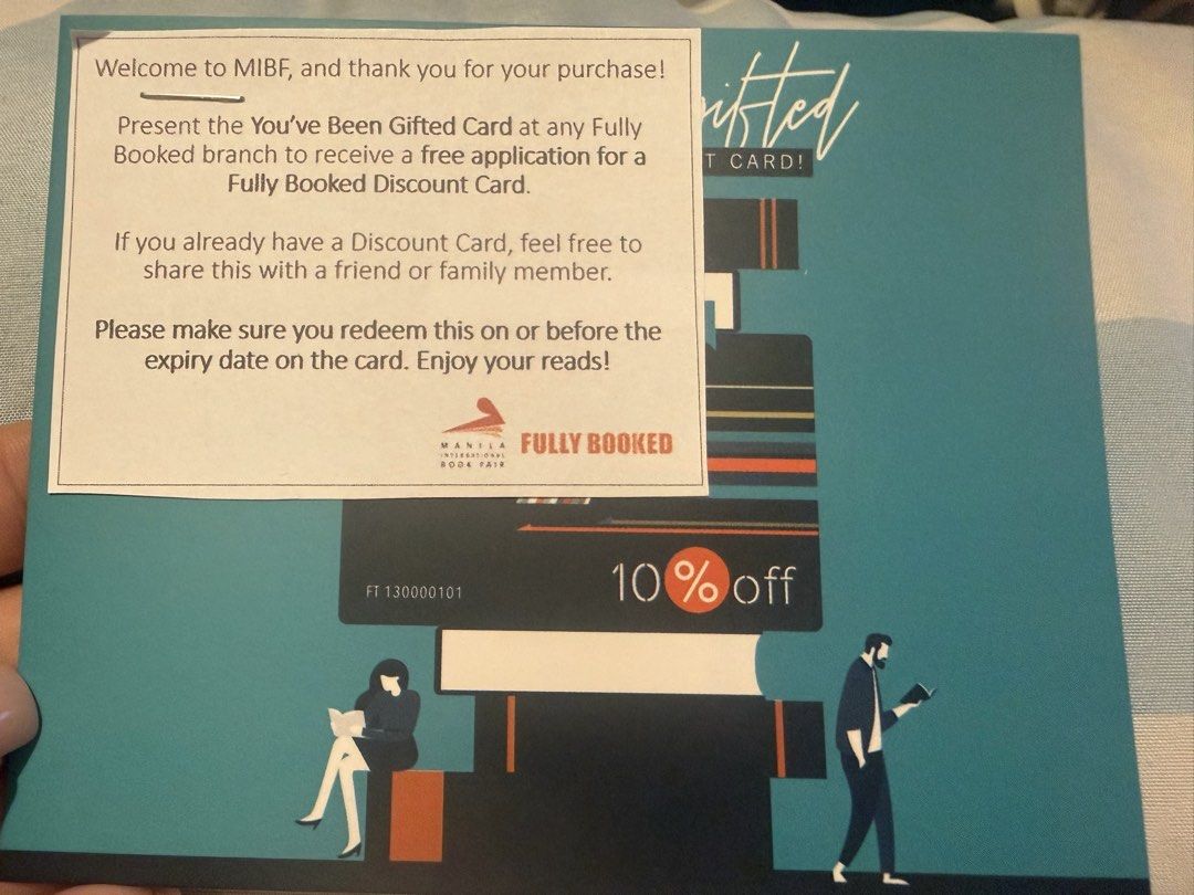 FullyBooked discount card voucher from MIBF (Category: Storybooks) located in Mandaluyong City. Submitted by macbestioko (Listing ID 1462154192, Image 1). Description: discount card voucher valid til Oct 15. Just go to any FullyBooked branch, present the voucher, and apply for a discount card..