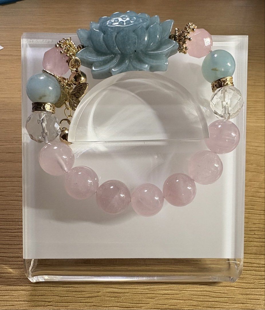 Gemstone DIY bracelet (Category: Bracelets) located in Manila. Submitted by charliesxcharms (Listing ID 1462087980, Image 3). Description: High quality montebrasite lotus charm, rose quartz, clear quartz and aquamarine .