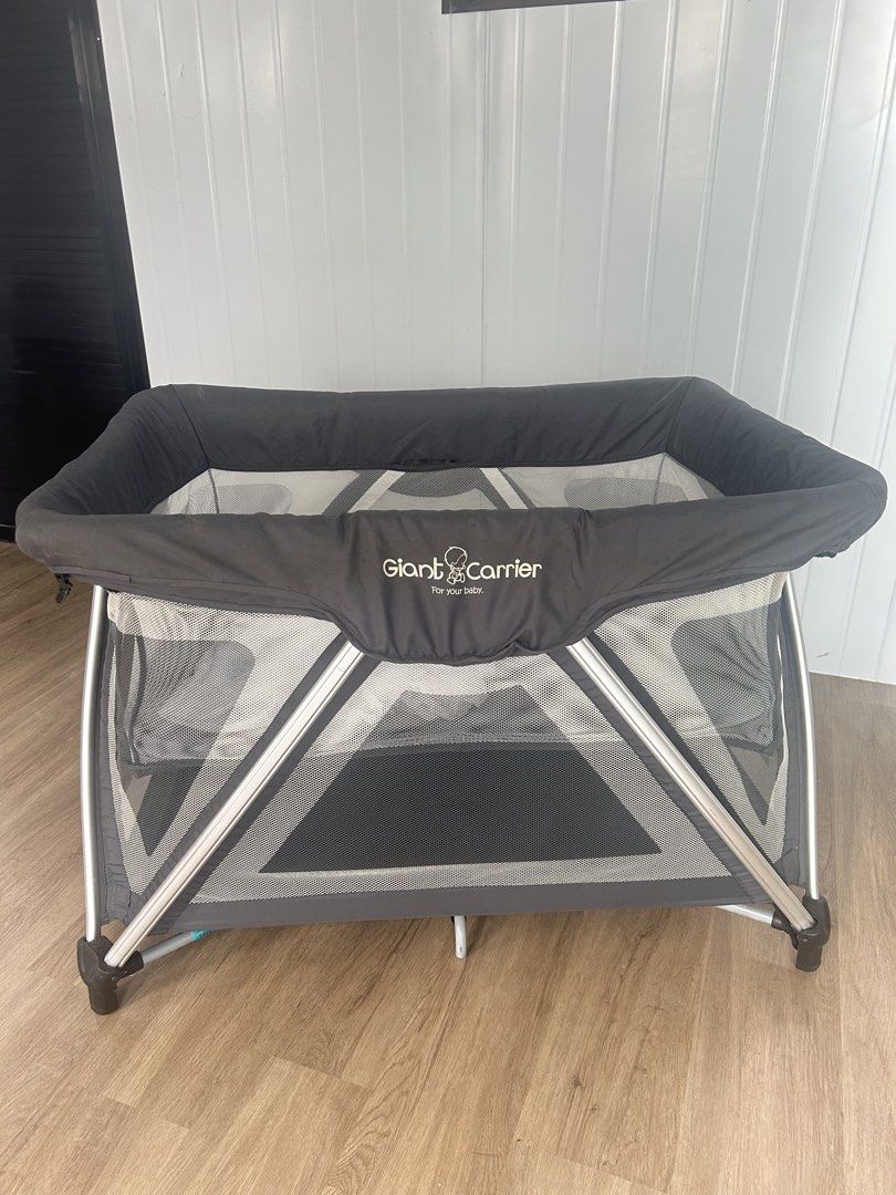 Giant Carrier Geofrey Playpen - Gray (Category: Cots & Cribs) located in Quezon City. Submitted by cheriesonlineshop (Listing ID 1462078702, Image 2). Description: - Brand: Giant Carrier - Model: Geofrey Playpen - Color: gray - Features: Easy to set up and pack away - Original Price: P11,999 one hand fold (folds with bassinet) with carry bag with changing table with upper bassinet adjustable mattress height .