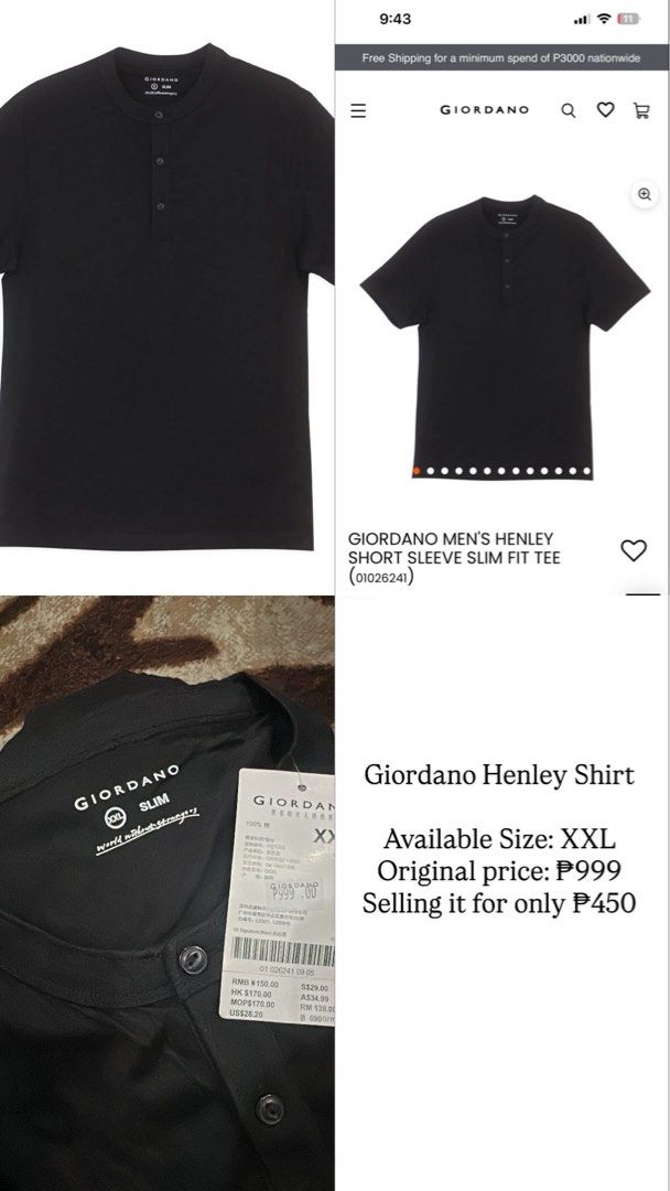 Giordano Henley Shirt (Category: Tshirts & Polo Shirts ) located in Manila. Submitted by irisperalta (Listing ID 1462205341, Image 1). Description: Brand new Lower than mall price/srp Authentic - not fake (money back if proven fake) Available COD via lalamove or J&T Original Price: ₱899 Selling it for only: ₱450 📍Tondo, Manila (Residence) or BGC (Workplace).