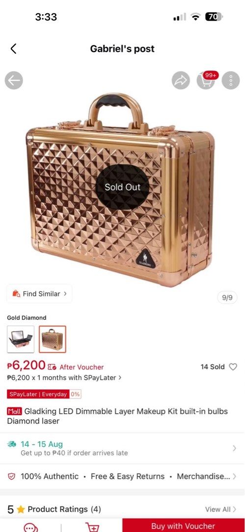Gladking Rose Gold Diamond LED Makeup Case with Mirror (Category: Makeup) located in Bocaue. Submitted by lanceloya0 (Listing ID 1462242414, Image 3). Description: gladking led makeup kit no issue d na nagamit nakatambak lng 5k my bawas pa Bocaue bulacan.