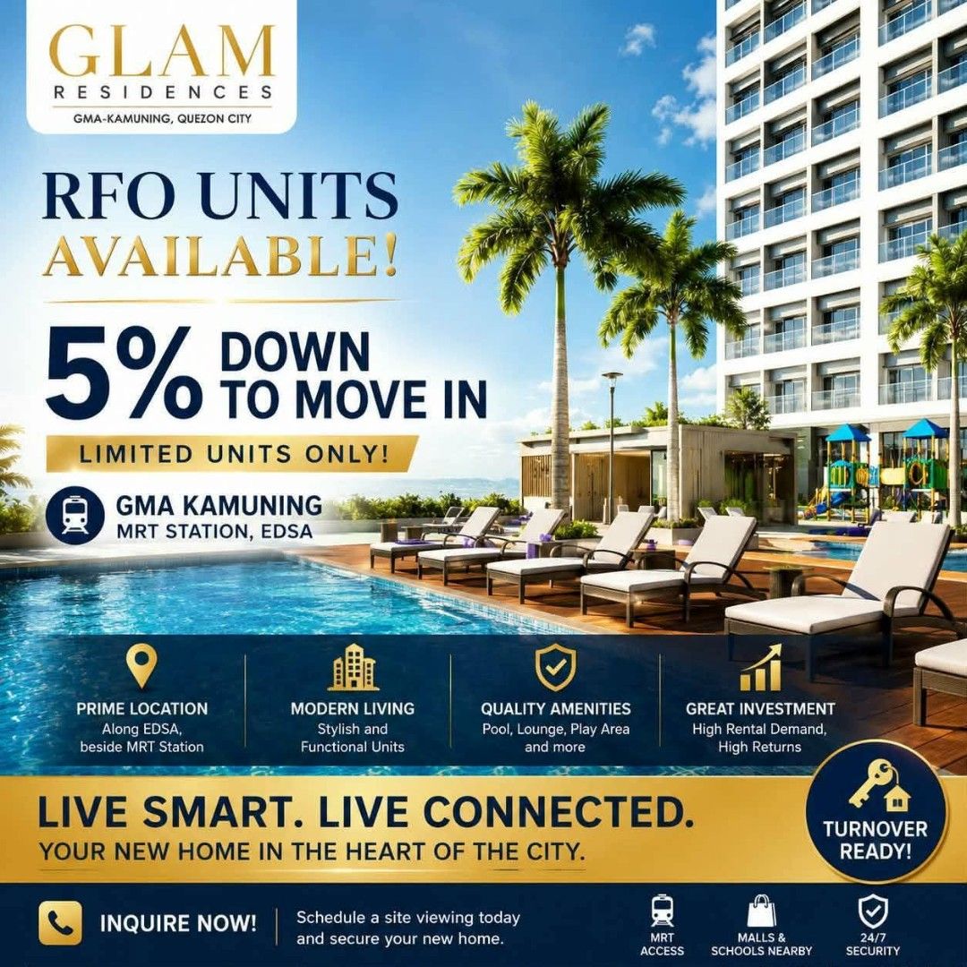 Glam Residences - GMA Kamuning (Category: Apartments & Condos) located in San Pablo. Submitted by girlie-acedilloarevalo1987 (Listing ID 1462052781, Image 1). Description: DESCRIPTION 🌿 Bloom Residences Mid Rise Condo (15 Floors) Dr. A. Santos Avenue, Brgy. San Antonio, Sugar, Paranaque DSHUD LTS No. Phase 1 #034562,Ph1-ENCRFO-17-10-023, Tower L #PLS 051 💸30k to Reserve Up to 2 Million Discount! 5℅ Downpayment (120k) 95% Bank Financing (approxi