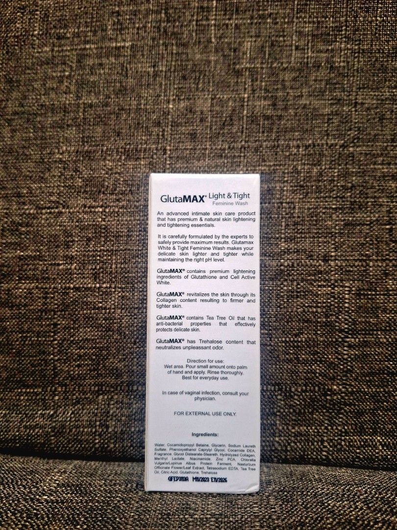 GlutaMAX Light & Tight Feminine Wash (Category: Body Care) located in Baguio. Submitted by everchanging_28 (Listing ID 1462068960, Image 2). Description: - Dermatologist formulated for safe and effective care. - Lightens intimate skin with premium Glutathione and Cell Active White. - Firms and tightens skin with Collagen. - Antibacterial properties from Tea Tree Oil. - Neutralizes unpleasant odor with Trehalose for all-day freshness. - For extern