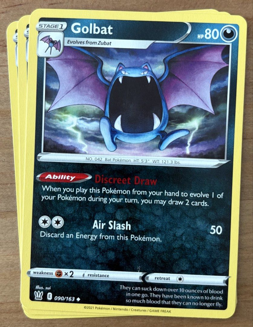 Golbat | Pokemon Cards ~ Battle Styles (Category: Raw Singles) located in Makati City. Submitted by cardlab (Listing ID 1462128194, Image 1). Description: Items are 💯 authentic/original/legit. About The Card: •Language: EN • Number: 090/163 • Uncommon • Normal FOR: • Cards ₱99 and below with Card Sleeves • Cards ₱100 and up with Card Sleeves and Used Toploader • ₱10 for Bnew Tops Packaging (If Shipping): ✔️ Plastic cover ✔️ Cardboard ✔️ Bubble w