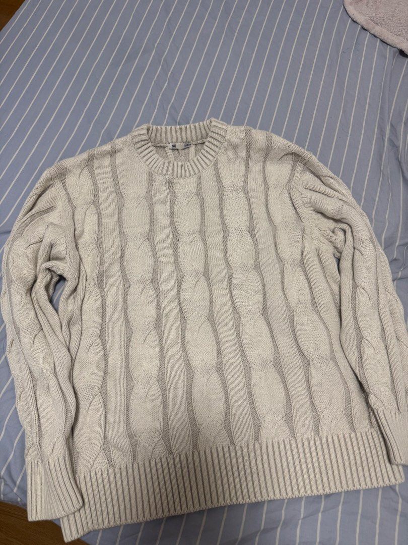 GU Cable Knit Crew Neck Sweater (Category: Longsleeves) located in Paranaque City. Submitted by frizb3rry (Listing ID 1462068623, Image 1). Description: - GU cream/light beige cable knit sweater - Classic crew neck, long sleeves - All-over cable knit pattern - Ribbed cuffs, hem, and neckline for a snug fit - Super cozy and warm, ideal for layering or standalone wear.