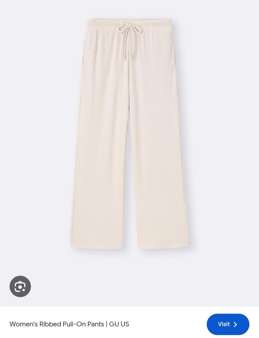 GU Women's Ribbed Pull-On Pants Cream (Category: Other Bottoms) located in Mandaluyong City. Submitted by declutterpreloved2.0 (Listing ID 1462243038, Image 1). Description: - Cream colored ribbed pull-on pants from GU - Wide leg style - Drawstring waist - Side pockets - Minor marks on leg (see last photo).