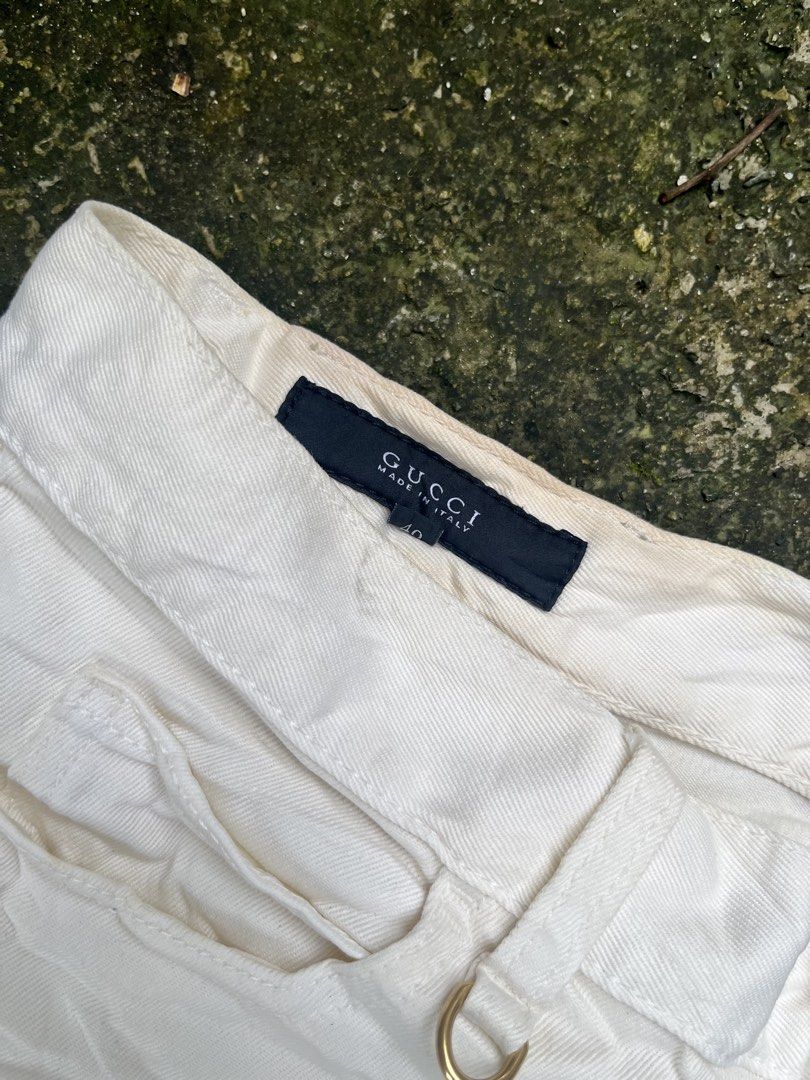 Gucci White Denim Shorts Size 40 (Category: Shorts) located in Manila. Submitted by shanaaa.collects (Listing ID 1462124195, Image 3). Description: - Authentic Gucci white denim shorts - Made in Italy - Features elegant gold hardware details - Classic five-pocket styling - Convenient zip fly - Ideal for versatile casual wear.