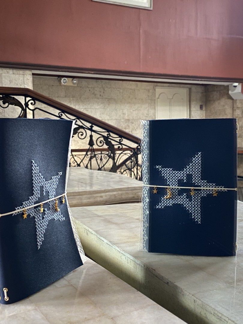 Hand Embroidered Journal - Midnight Wish (Category: Stationery & School Supplies) located in Mandaue City. Submitted by fromynalou (Listing ID 1462178316, Image 3). Description: Dark blue leather embellished with a delicate embroidered star, finished with lace details and moon and star charms. size: A5 on instagram:@thegentlefoldx@fromynalou .