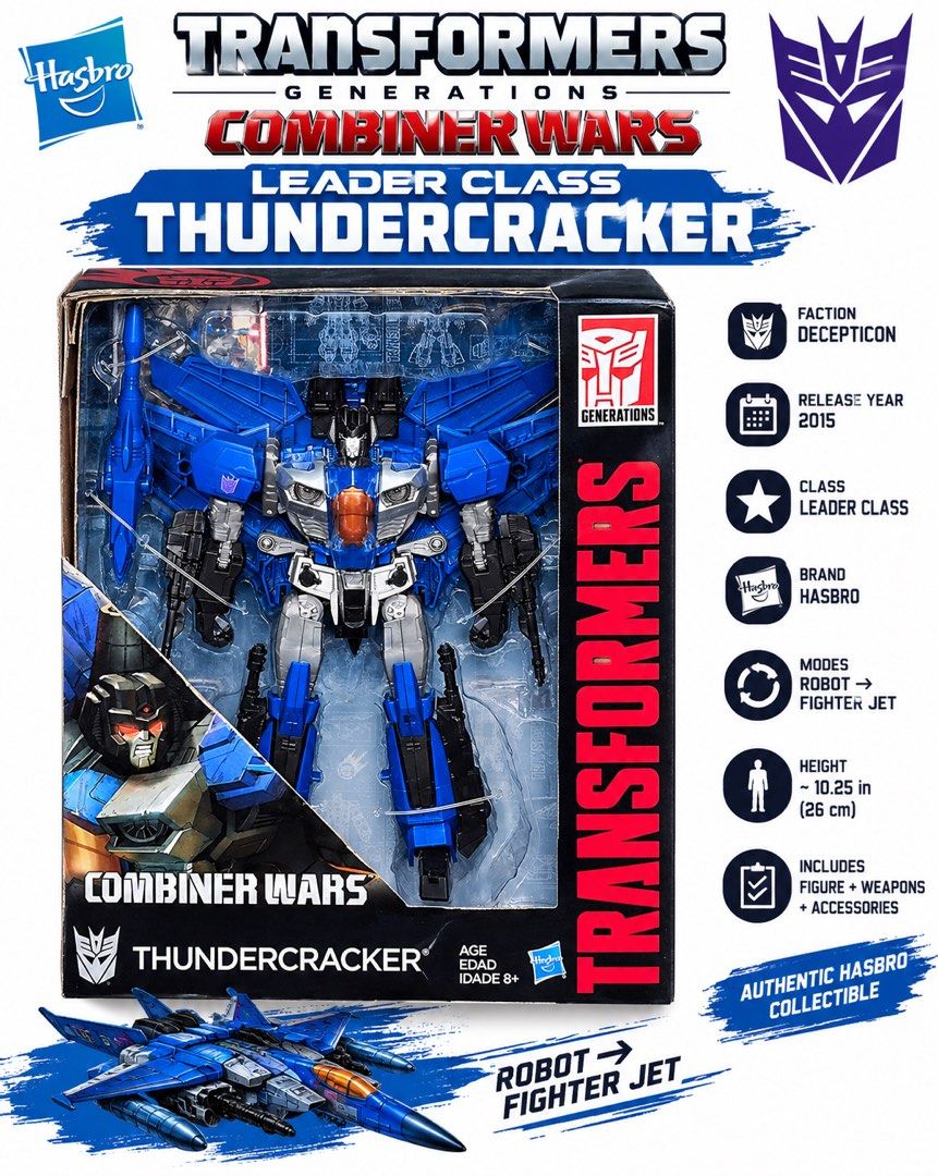 Hasbro Transformers Generations Combiner Wars Thundercracker (Category: Action & Battle Toys) located in Quezon City. Submitted by hobbiesparktoyshop (Listing ID 1462240955, Image 1). Description: HASBRO TRANSFORMERS COMBINER WARS LEADER CLASS THUNDERCRACKER ✅ Authentic Hasbro✅ 2015 Combiner Wars✅ Leader Class✅ Sealed / New in Box Approx. scale: ~26 cm / 10.25 inRobot → Fighter Jet.