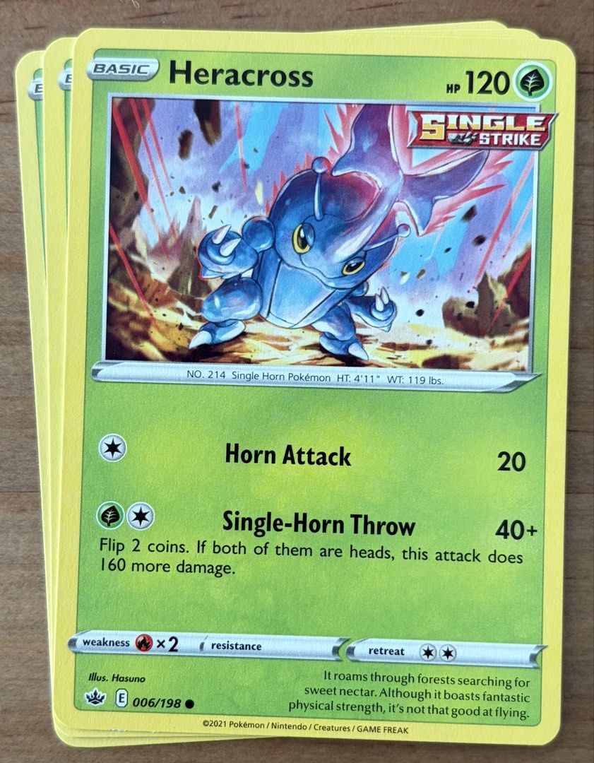Heracross | Pokemon Cards ~ Chilling Reign (Category: Raw Singles) located in Makati City. Submitted by cardlab (Listing ID 1462068441, Image 1). Description: Items are 💯 authentic/original/legit. About The Card: •Language: EN • Number: 006/198 • Common • Normal FOR: • Cards ₱99 and below with Card Sleeves • Cards ₱100 and up with Card Sleeves and Used Toploader • ₱10 for Bnew Tops Packaging (If Shipping): ✔️ Plastic cover ✔️ Cardboard ✔️ Bubble