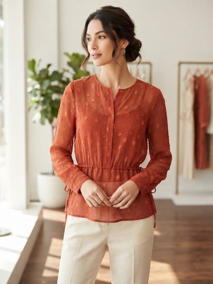 H&M Blouse (Category: Blouses) located in Santa Cruz. Submitted by deenem (Listing ID 1462094631, Image 1). Description: Bust:17(34) Lenght:23 Small on Tag Drawstring waist tie.
