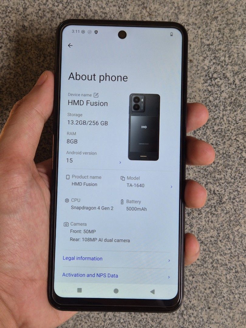 HMD Fusion 5G (8/256) (Category: Android Others) located in San Simon. Submitted by pickle_rick_ (Listing ID 1462104775, Image 3). Description: HMD Fusion 5G 8+8gb ram, 256gb storage Snapdragon 4 gen 2 5,000mAh battery (replaceable) 108mp rear, 50mp selfie camera Openline, any sim + esim ✅️Very rare in the Philippines. modular phone na sobrang daming special features. Napaka presentable pa, almost brand-new condition at walang hidden issues. Stoc