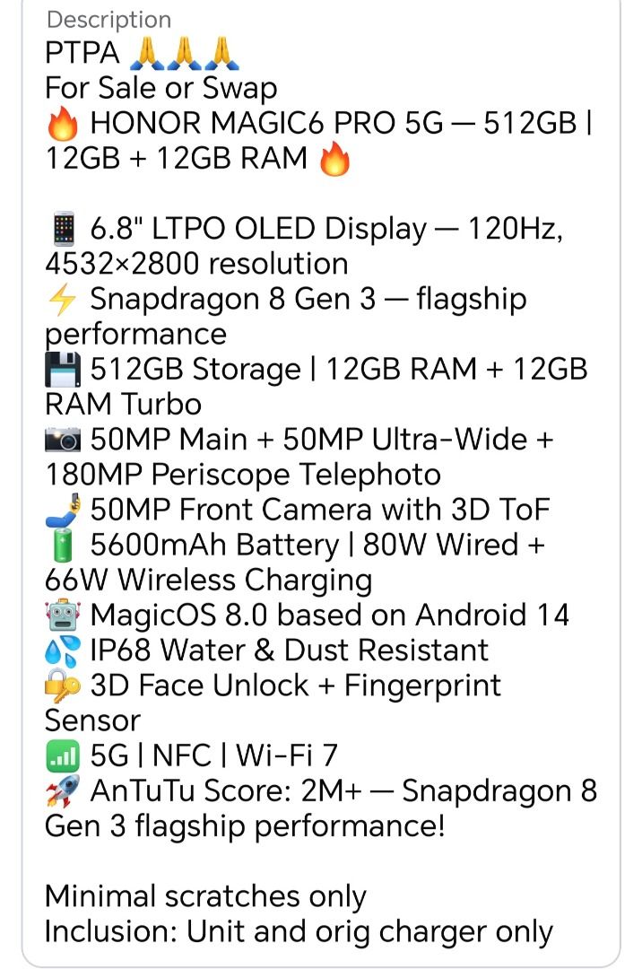 Honor Magic 6 Pro (Category: Other Mobile & Gadget Accessories) located in Santo Tomas. Submitted by 3stan26 (Listing ID 1462174417, Image 2). Description: Rush Sale Honor Magic 6 Pro 25k negotiable Minor Scratches only due to car keys open for meet ups.