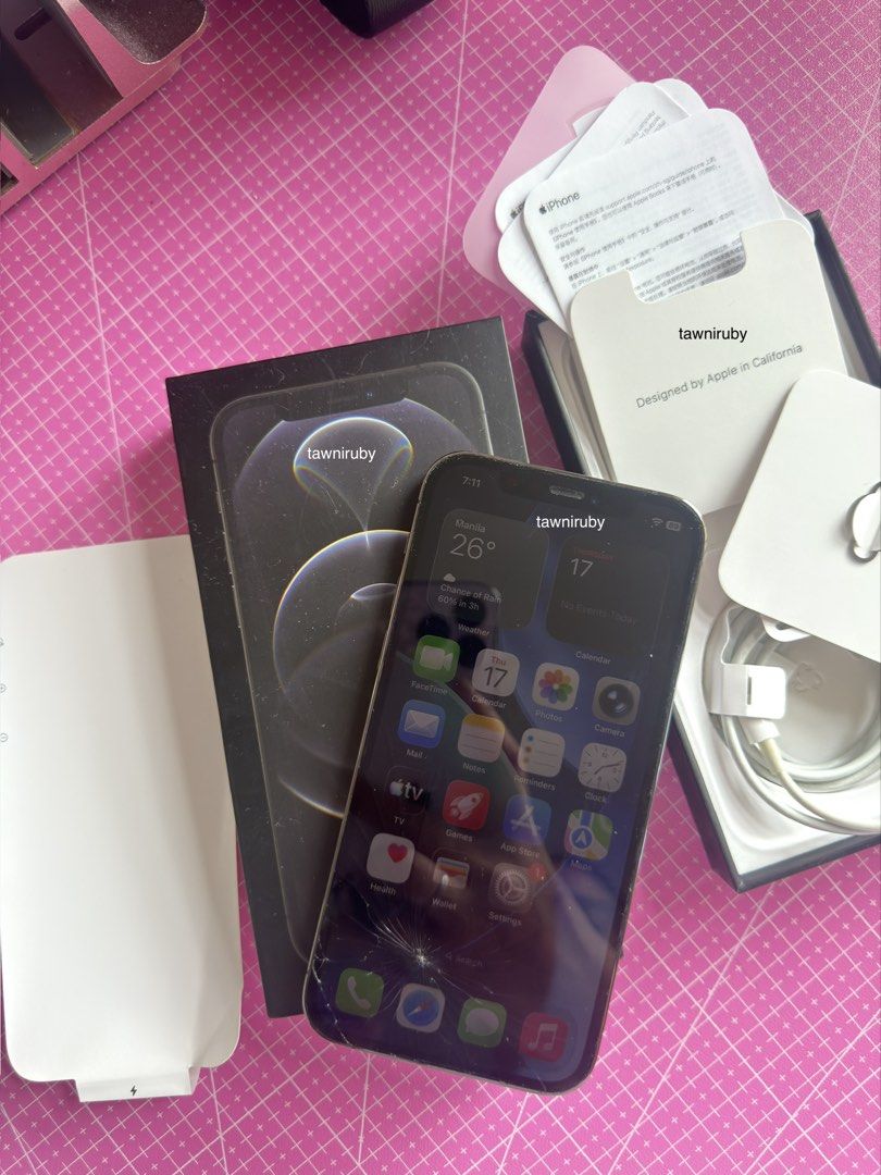 iPhone 12 Pro 256GB (Category: iPhone 12 Series) located in Pasig City. Submitted by coolnswish (Listing ID 1462261062, Image 2). Description: iPhone 12 Pro 256GB - graphite in color - 256 GB - complete original box and original accessories included in the package box when purchased - no sim restrictions; openline - barely used; as a backup phone only - 74% bh - all system, apps, buttons, everything is working excellently - no issues whatsoever e