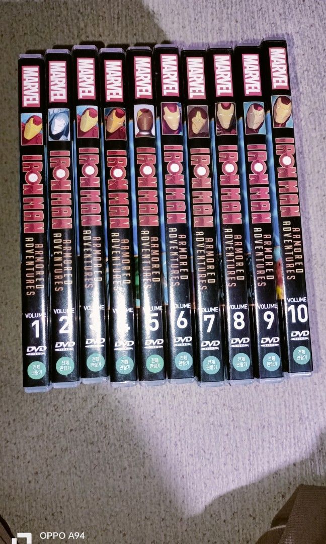 Iron man (Category: CDs & DVDs) located in Quezon City. Submitted by Bernz (Listing ID 1462184181, Image 1). Description: 10-volume DVD collection of the animated series Marvel Iron Man Armored Adventure DetailsVolumes: Volumes 1 through 10 are lined up in sequential order.Show Theme: The 3D-animated series follows a teenage Tony Stark building his high-tech armor and fighting villains.Format: Standard DVD cases featuring distinct spine artwork a
