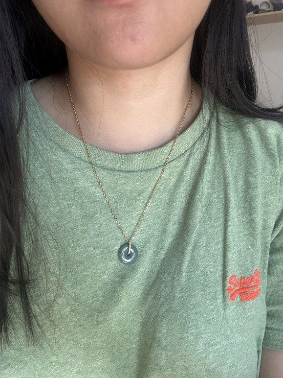 Jade donut necklace (Category: Necklaces) located in Quezon City. Submitted by _shopsnatched88 (Listing ID 1460751956, Image 3). Description: Stainless Jade donut comes with certificate grade A oil green Gold tone - 850 (big) ❌SOLD❌ Silver tone - 850 (big) - see last photo Silver tone - 650 (smaller) ❌SOLD❌.