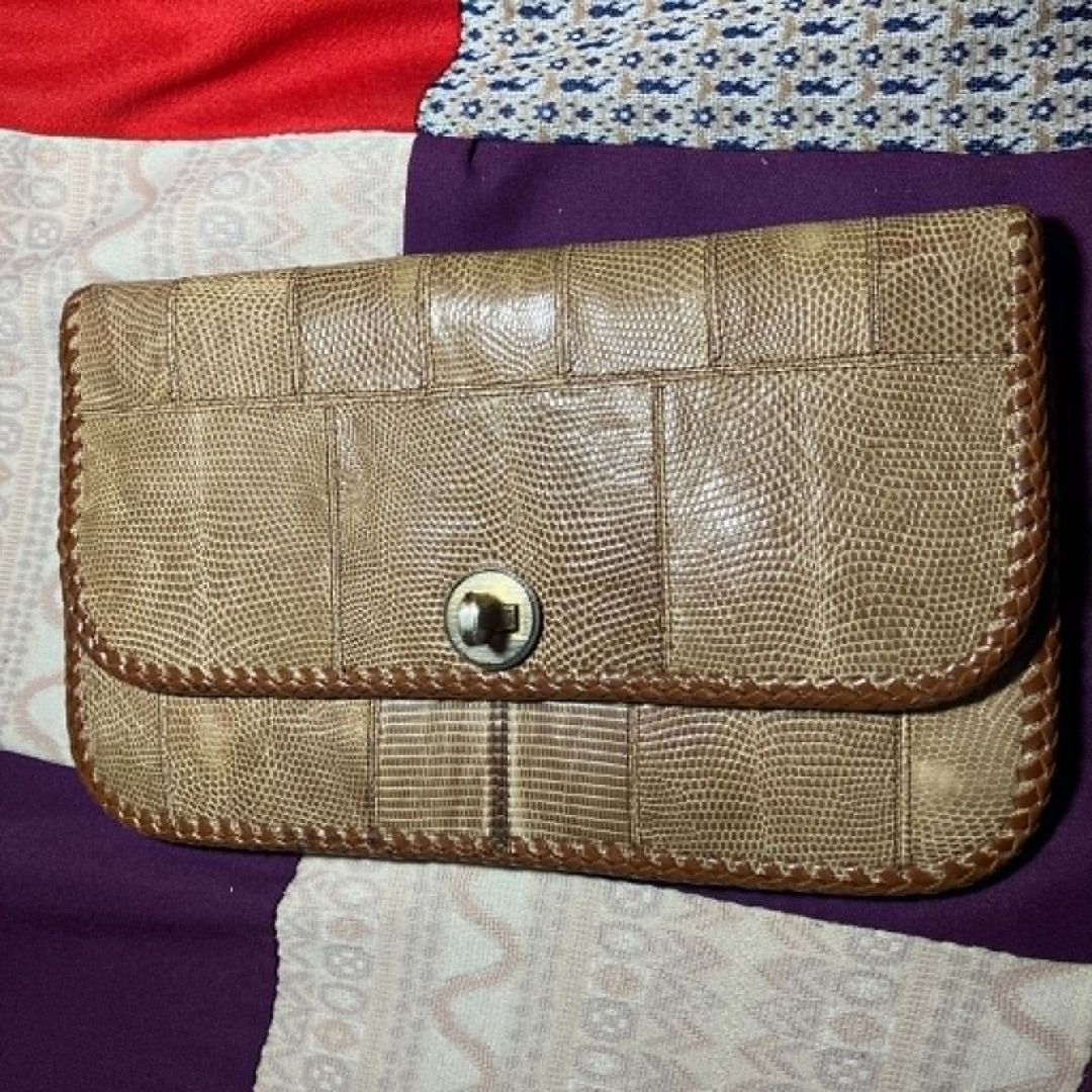 Japanese Reptile Embossed Leather Patchwork Envelope Clutch (Category: Purses & Pouches) located in Manila. Submitted by ninjadisplay (Listing ID 1462161161, Image 1). Description: * Brand: Unbranded / Vintage Artisanal * Style: Envelope Clutch / Oversized Wallet * Material: Genuine leather with a textured lizard/reptile embossed patchwork design. Features beautiful artisanal braided whipstitch detailing along the edges and vintage gold-tone hard