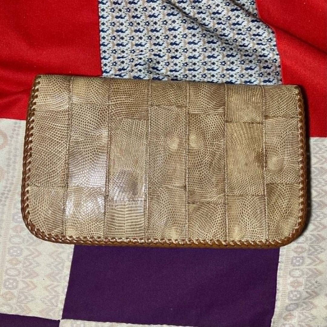 Japanese Reptile Embossed Leather Patchwork Envelope Clutch (Category: Purses & Pouches) located in Manila. Submitted by ninjadisplay (Listing ID 1462161161, Image 3). Description: * Brand: Unbranded / Vintage Artisanal * Style: Envelope Clutch / Oversized Wallet * Material: Genuine leather with a textured lizard/reptile embossed patchwork design. Features beautiful artisanal braided whipstitch detailing along the edges and vintage gold-tone hard