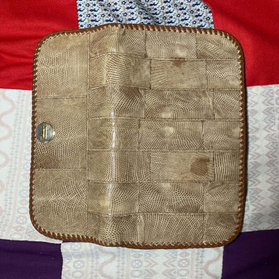 Japanese Reptile Embossed Leather Patchwork Envelope Clutch (Category: Purses & Pouches) located in Manila. Submitted by ninjadisplay (Listing ID 1462161161, Image 2). Description: * Brand: Unbranded / Vintage Artisanal * Style: Envelope Clutch / Oversized Wallet * Material: Genuine leather with a textured lizard/reptile embossed patchwork design. Features beautiful artisanal braided whipstitch detailing along the edges and vintage gold-tone hard