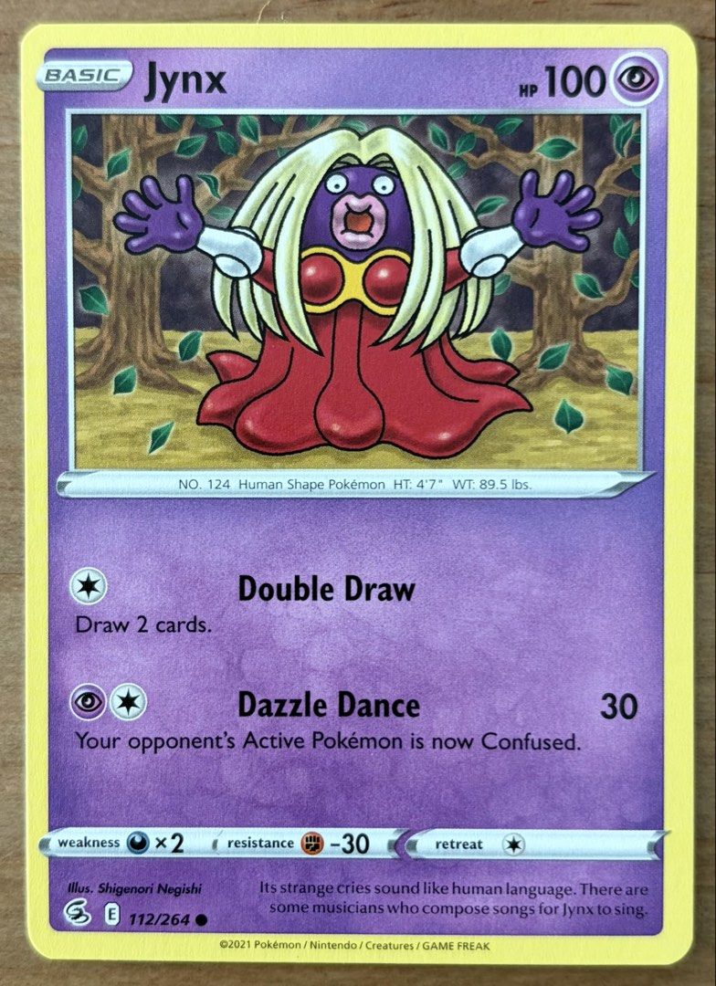 Jynx | Pokemon Cards ~ Fusion Strike (Category: Raw Singles) located in Makati City. Submitted by cardlab (Listing ID 1462054091, Image 1). Description: Items are 💯 authentic/original/legit. About The Card: •Language: EN • Number: 112/264 • Common • Normal FOR: • Cards ₱99 and below with Card Sleeves • Cards ₱100 and up with Card Sleeves and Used Toploader • ₱10 for Bnew Tops Packaging (If Shipping): ✔️ Plastic cover ✔️ Cardboard ✔️ Bubble wrap 